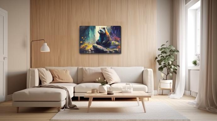 Une photo d'un salon avec des meubles en bois clair. Une toile, au style asiatique, est accrochée au mur.