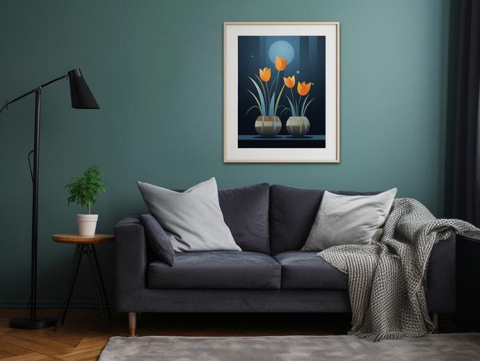 Photographie d'un salon aux couleurs froides et intenses avec une affiche encadrée de fleur