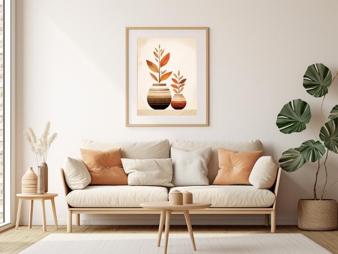 photo d'un salon scandinave avec une affiche encadrée