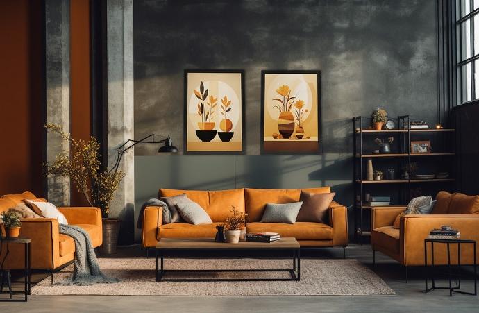 photographie d'une salon style industirel avec deux affiches encadrées florales