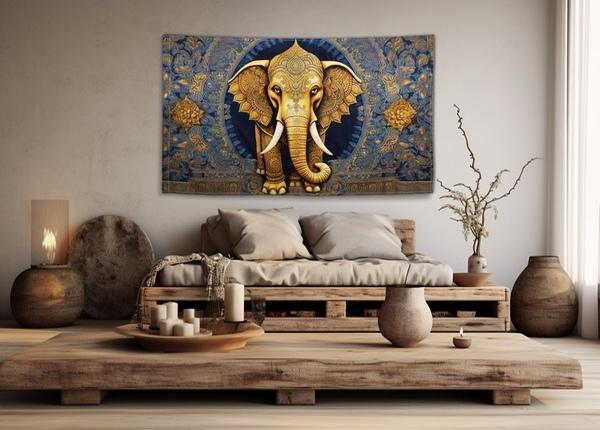 photo d'un salon à l'ambiance zen, avec une tenture accrochée au mur