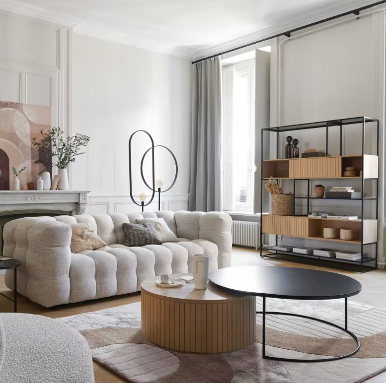 Photographie d'un salon dans un style contemporain avec des meubles aux formes simples et arrondies