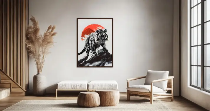 Décoration Japandi, photo d'un salon au couleurs neutres, avec un grand poster de tigre sur le mur
