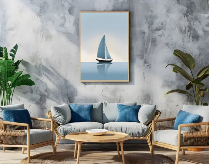 Un salon méditerranéen avec un poster de voilier minimaliste représentant le voyage ou une croisière.