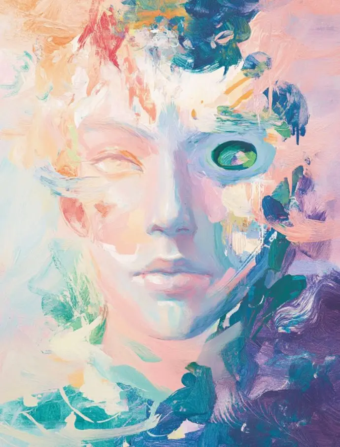 Illustration d'un visage déformé au couleurs pastels qui symbolise un test de personnalité