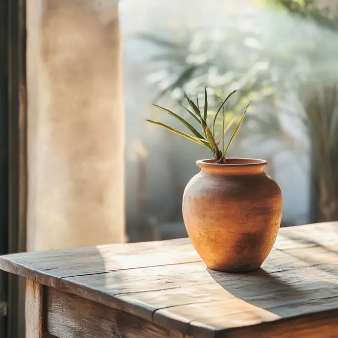 Un pot en terre cuite posé sur une table en bois
