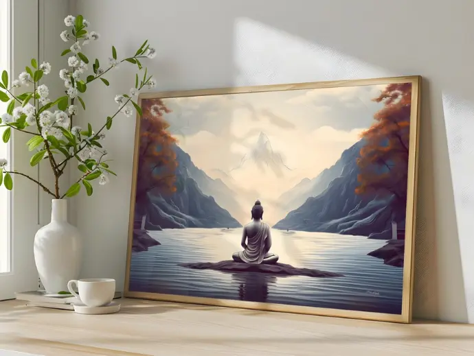 Vue rapproché d'une affiche japandi posé sur un meuble en bois