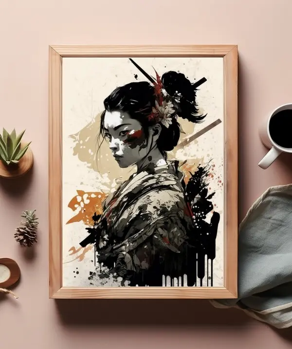 Vue rapproché d'un poster de geisha. Décoration murale asiatique