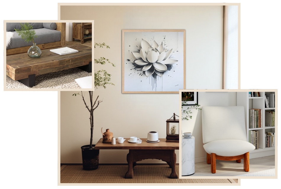 3 images qui représente des meubles pour une décoration japandi