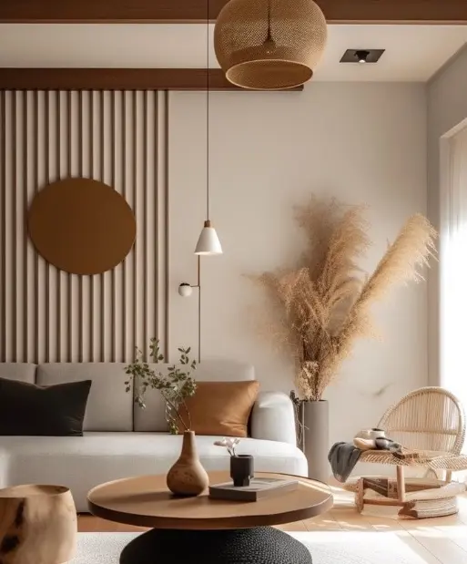 salon style asiatique avec tasseaux de bois au mur