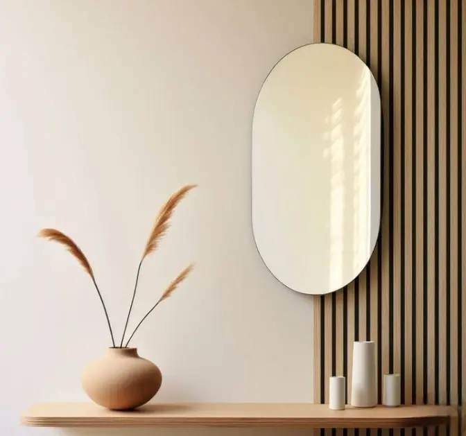 Photo d'un mur avec des tasseaux de bois et un miroir