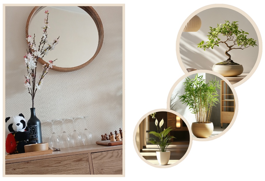 Image avec des bulles montrant des photos de plantes japandi pour la décoration d'intérieur