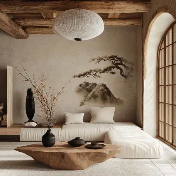 un salon japandi avec un sofa ras du sol et une lanterne en papier de riz