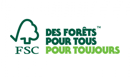 Logo et slogan de la certification FSC : "Des forêts, pour tous, pour toujours."