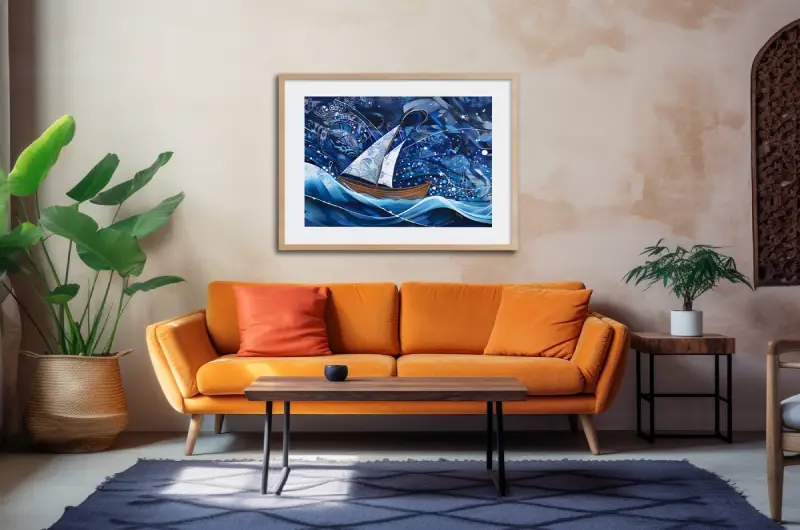 Photo d'un salon avec un sofa orange, un tapis et une affiche bleus.
