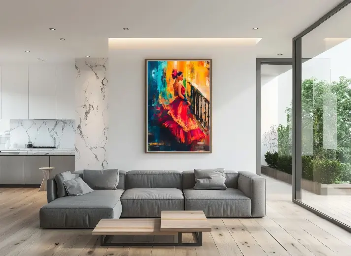 Un salon contemporain avec un tableau coloré comme pièce majeure