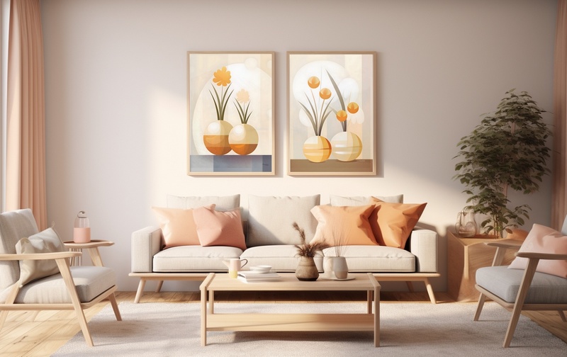 Un salon style scandinave avec deux posters aux motifs floraux et minimalistes accrochés au mur.