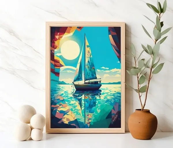 Une affiche de voilier aux couleurs chaudes et claires.