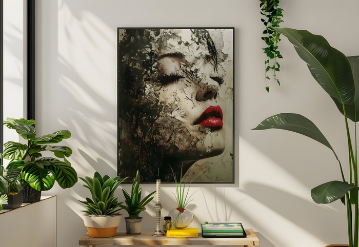 Une affiche contemporaine représentant un portrait de femme, dans un style abstrait.