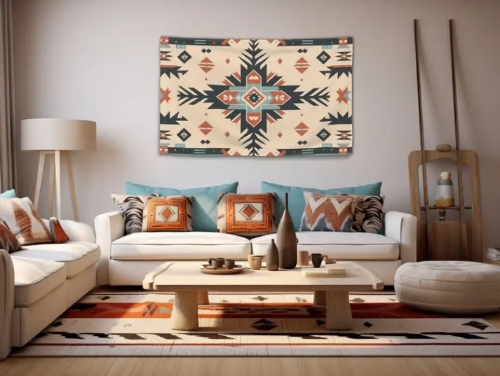 Une tenture aux motifs ethniques est accroché à un mur d'un salon bohémien.
