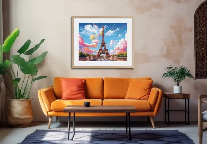 Un salon avec un canapé orange et un tapis bleu marine. Un poster de la tour Eiffel est accroché au mur.