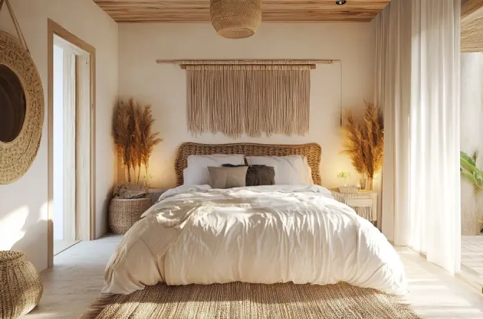 Une chambre bohème avec un tapis en jute et une suspension boho en déco.