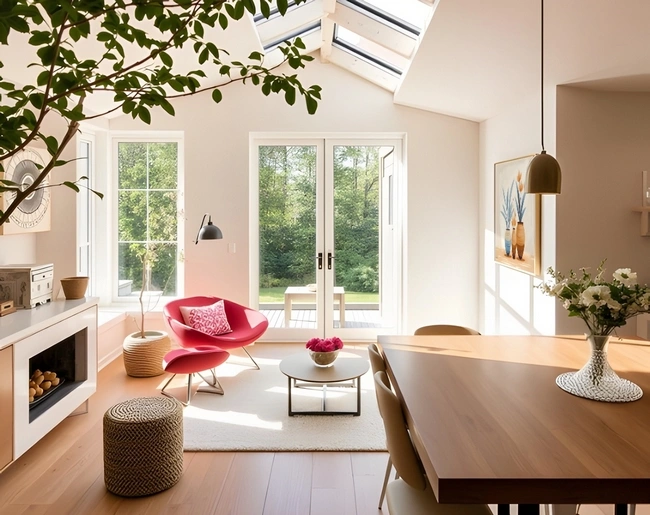 Un salon lumineux avec du mobilier en bois et une grande baie vitrée.