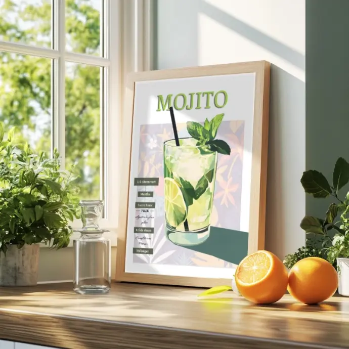 Un poster du cocktail mojito avec un fond floral rappelant Cuba.
