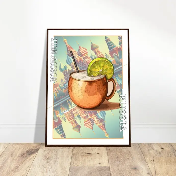 un poster du cocktail Moscow Mule avec le Kremlin de Moscou en arrière plan.