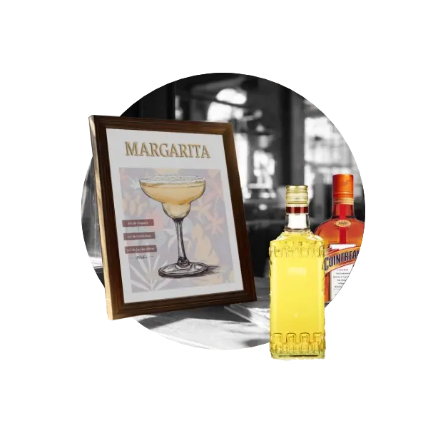 Une affiche du cocktail Margarita avec une bouteille de Tequila et de Cointreau