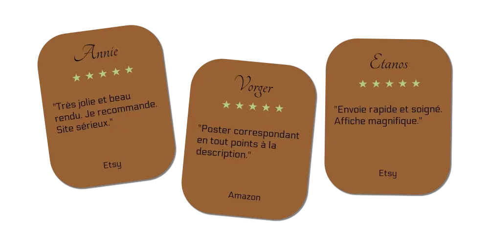 Trois cartes marrons avec des avis clients.