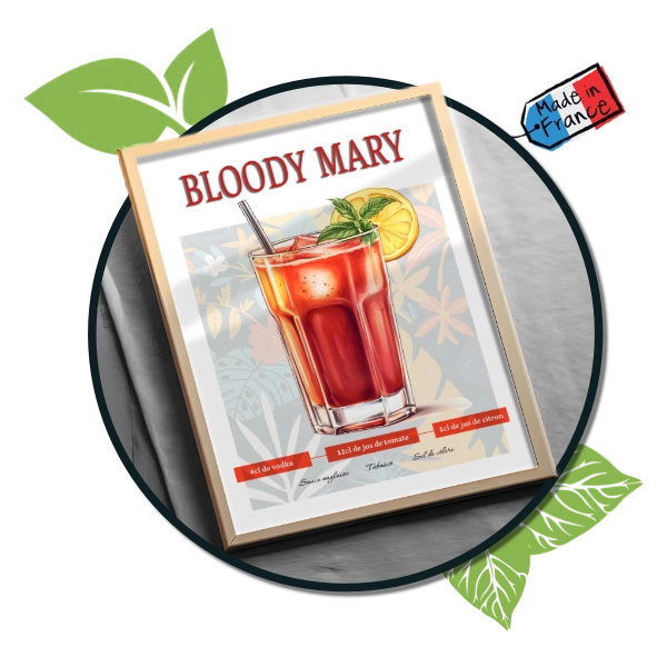 Affiche cocktail Bloody Mary rouge. une étiquette "imprimé en france".