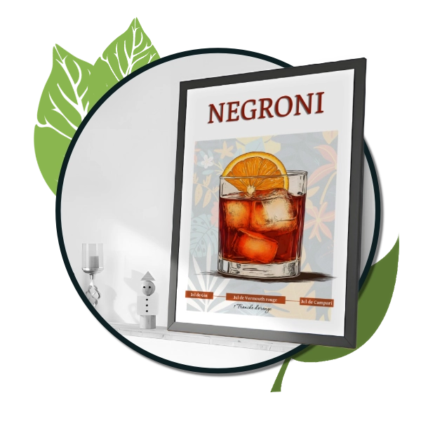 Affiche cocktail Negroni avec recette : Campari, vermouth rouge et gin.