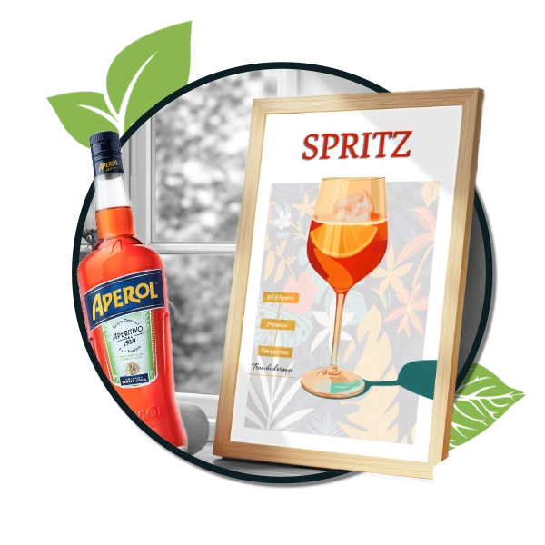 Poster cocktail Aperol Spritz. Affiche cocktail rouge avec recette du Spritz en français.