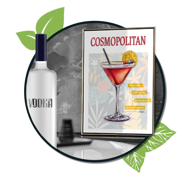 Une affiche du cocktail classique cosmopolitan, un fond floral et une bouteille de vodka sur le côté.