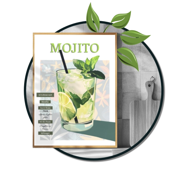 Affiche mojito avec recette en français, un fond floral, couleurs vertes.