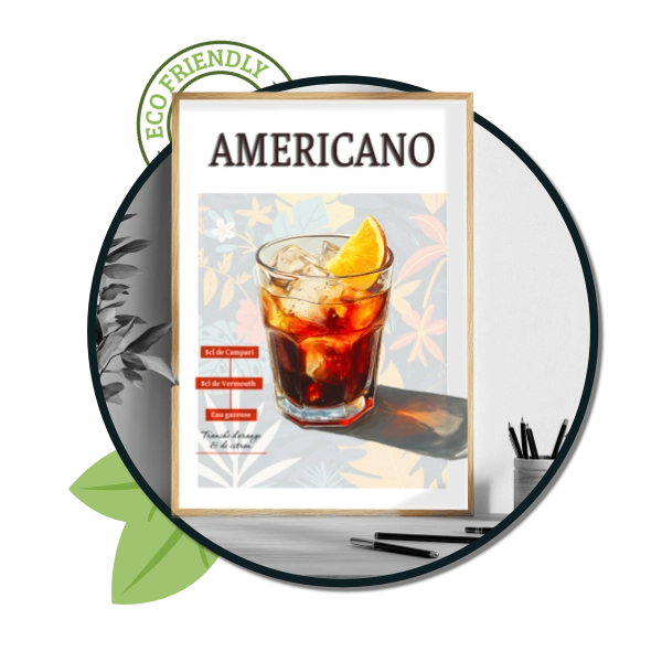 Un poster du cocktail americano, un affichage "eco friendly" est indiqué.