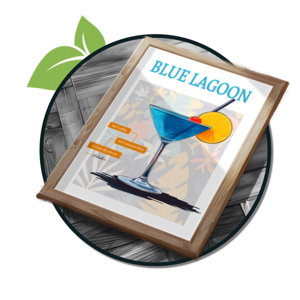 Affiche du cocktail bleu "Blue Lagoon". Décoration murale de bar.