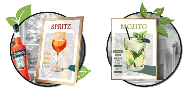 Deux images de fiches produits montrant des affiches de cocktails classiques.