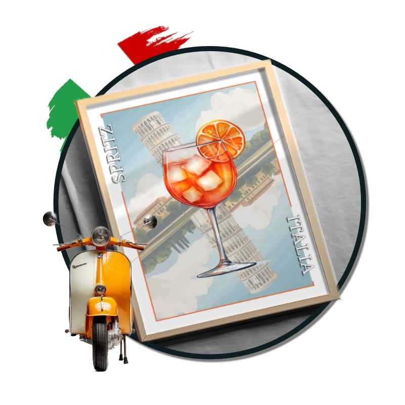 Un poster du cocktail spritz orange devant la tour de pise.