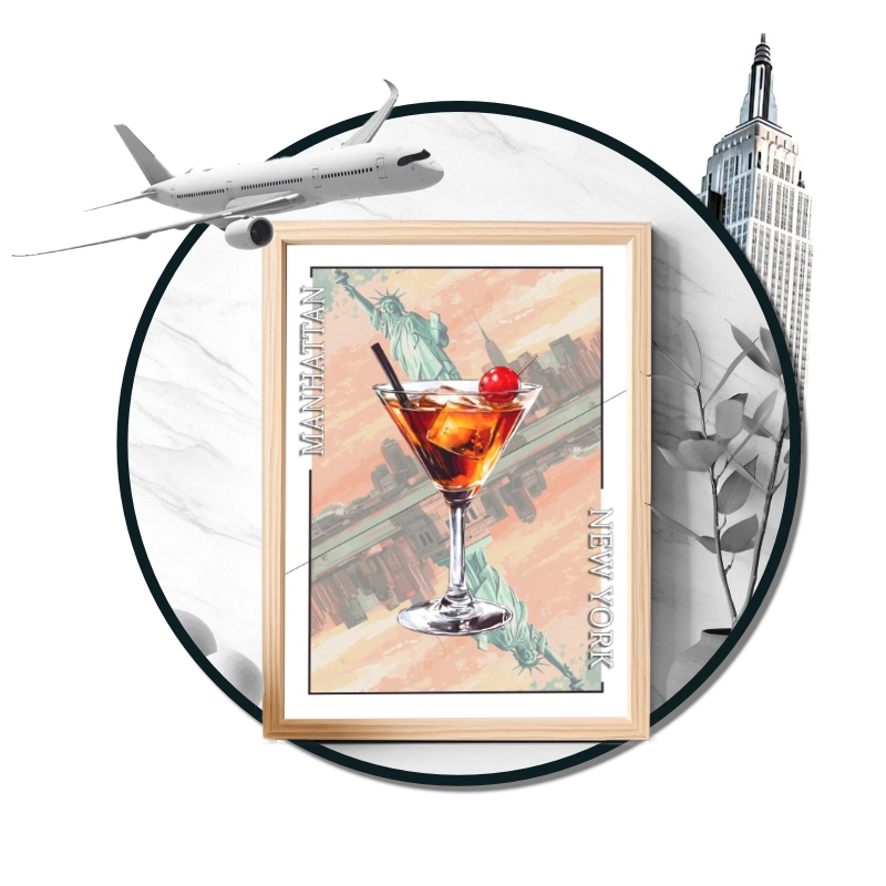 Affiche cocktail manhattan. Statue de la liberté en symétrie à l'arrière.