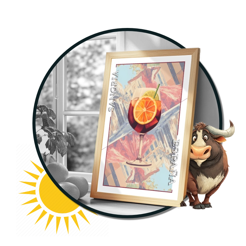 Affiche d'un verre de sangria avec une tranche de citron, dans un verre à vin. Une danseuse flamenco en arrière plan.