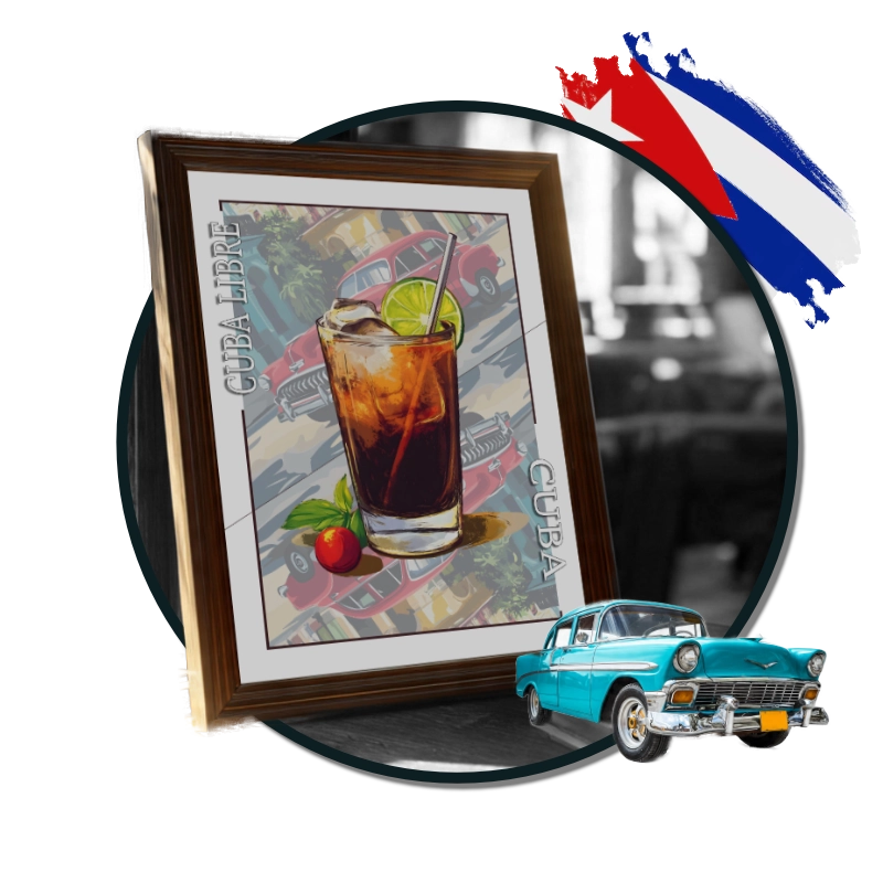 Affiche cuba, cocktail cuba libre et voiture vintage.