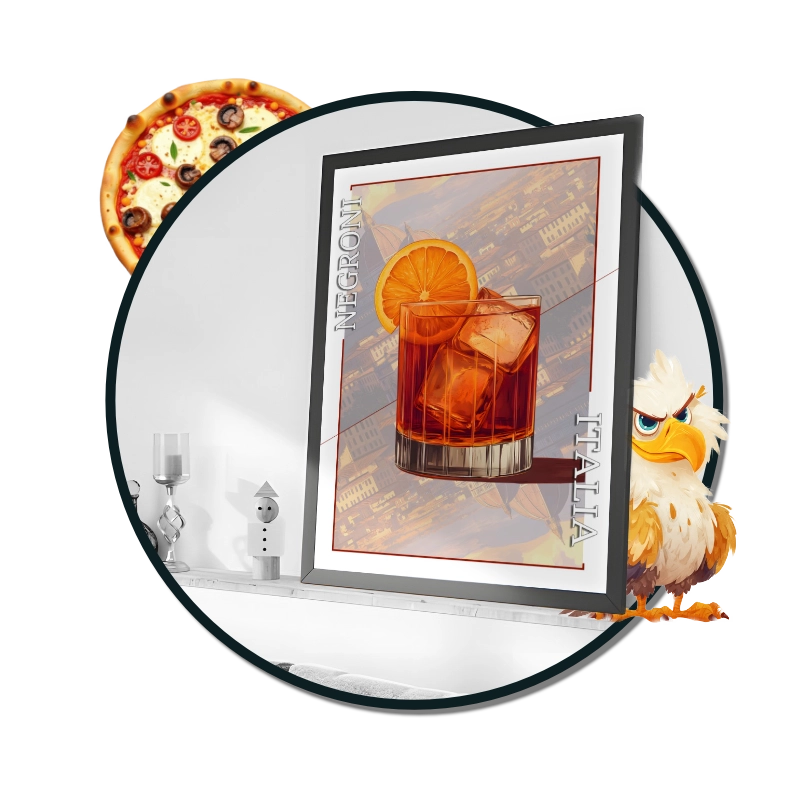 Un poster du cocktail Negroni dans un verre "Old Fashioned". Le dome de florence en fond.