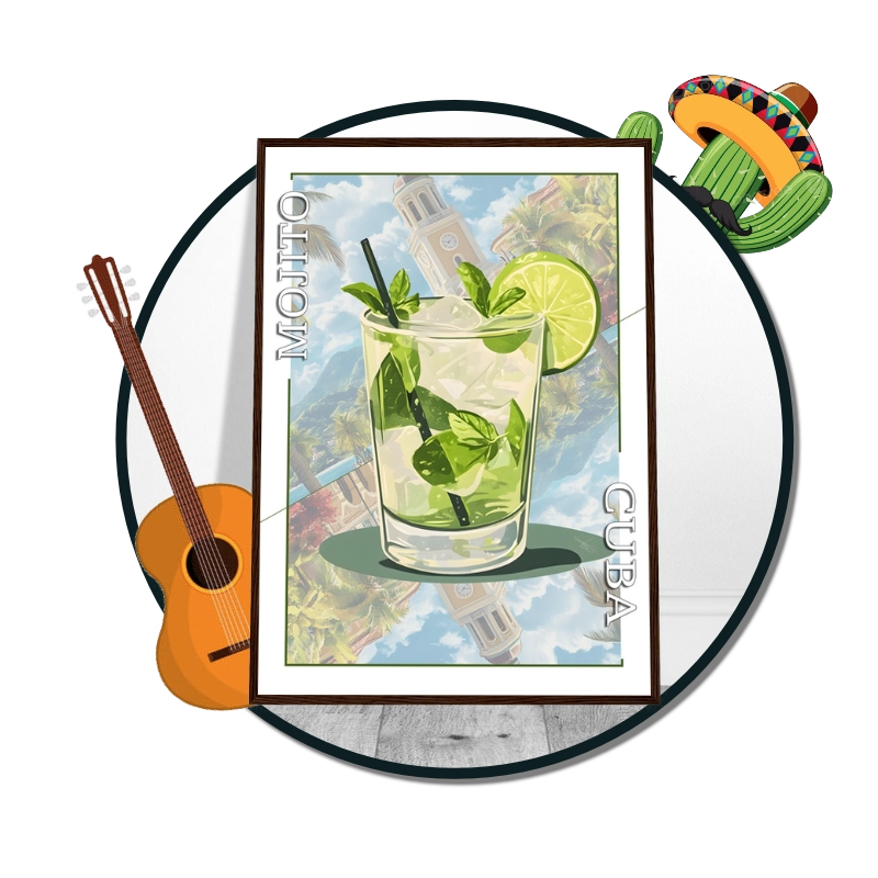 Décoration murale de bar avec un cocktail mojito illustré et vert.