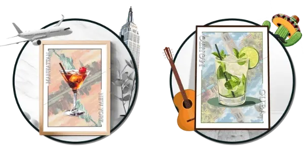 Une image avec deux produits  une affiche cocktail Manhattan et une affiche mojito.