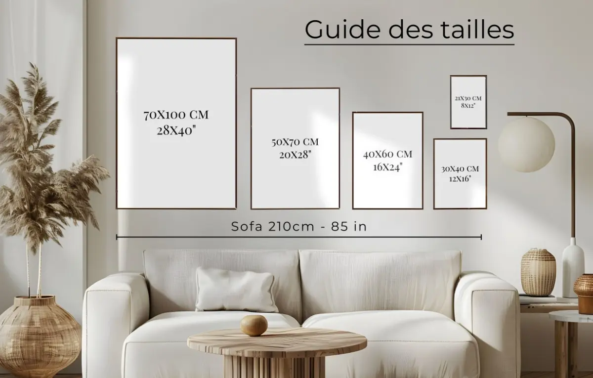 Une photographie montrant différentes tailles de cadres avec les dimensions.