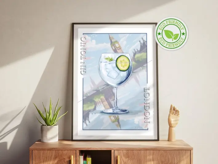 Un poster du cocktail gin tonic est posé sur un meuble, un logo "eco friendly" est ajouté à l'image.