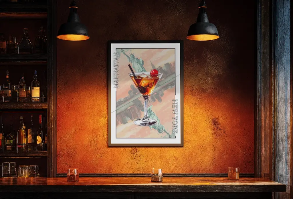 Photographie d'une affiche encadrée dans un bar avec une lumière tamisée.